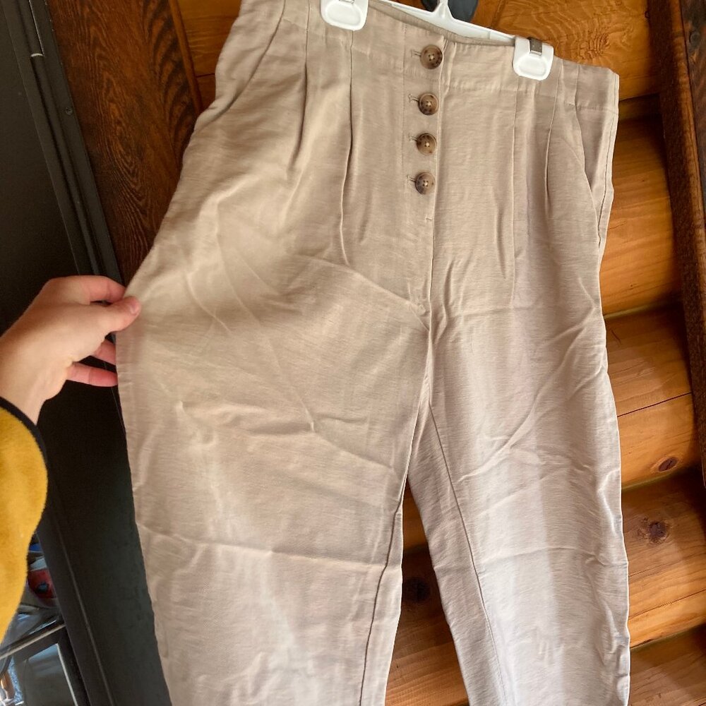 LOFT High-Waisted Button-Fly Tan Pleated Trousers